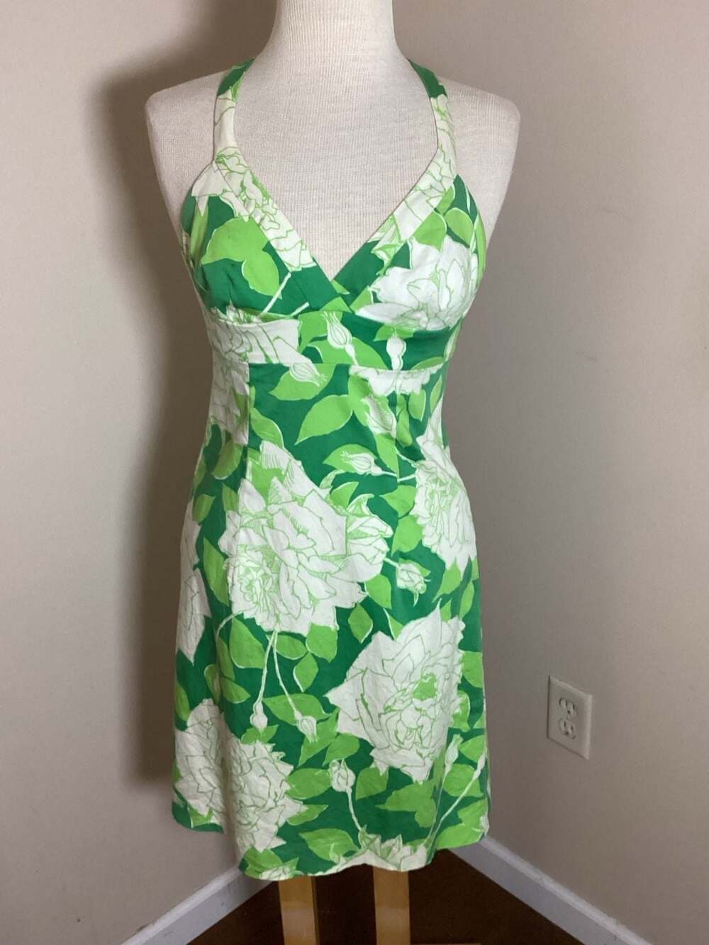 Trina Turk Halter Dress Size 8 Green Floral Cotton